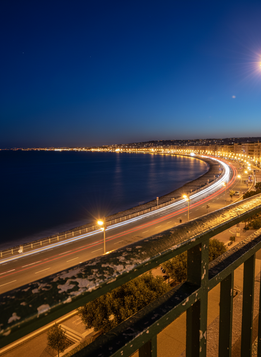 A night-time view of the Promenade des Anglais in Nice, rendered in meticulous photographic realism, captured from an elevated vantage point. The curved coastline forms a luminous ribbon of streetlights, reflected in the calm, inky Mediterranean. In the foreground, a sturdy metal railing with chipped paint is bathed in the soft glow of a nearby lamppost, its texture sharply detailed, suggesting the touch of countless hands. Long exposure captures subtle light trails from distant traffic, while the sky holds a deep cobalt gradient. The atmosphere is romantic yet solitary, emphasizing emotional, shared spaces without showing people, a sophisticated ode to the city’s nocturnal poetry.