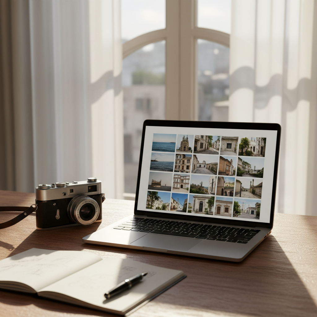 An elegant, open laptop on a wooden desk near a tall window, its screen displaying a refined photography portfolio grid of small image thumbnails—sea horizons, architectural details, quiet urban corners—without readable text. Next to it, a vintage metal-bodied camera and a slim, open notebook with a fountain pen rest casually, suggesting an artist in mid-process. Late afternoon sunlight filters through sheer curtains, casting soft, elongated shadows and a warm glow on the desk’s grain. Captured from a slightly elevated angle in photographic realism, with a shallow depth of field that keeps the screen and camera in crisp focus. The scene feels approachable yet sophisticated, evoking accessible contact and collaboration with a thoughtful photographer.